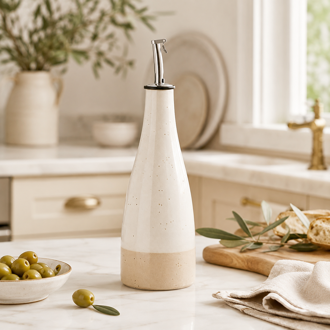 Speckled cream ceramic olive oil dispenser with metal pour spout styled on a light kitchen countertop with olives, bread, and neutral decor.