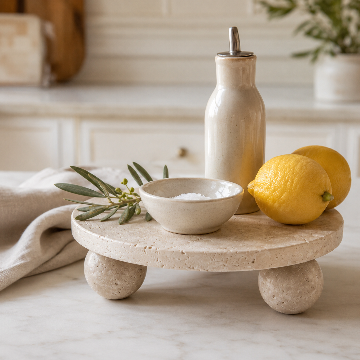 Round travertine pedestal riser styled on a light kitchen countertop with lemons, a small ceramic bowl, and an olive branch.