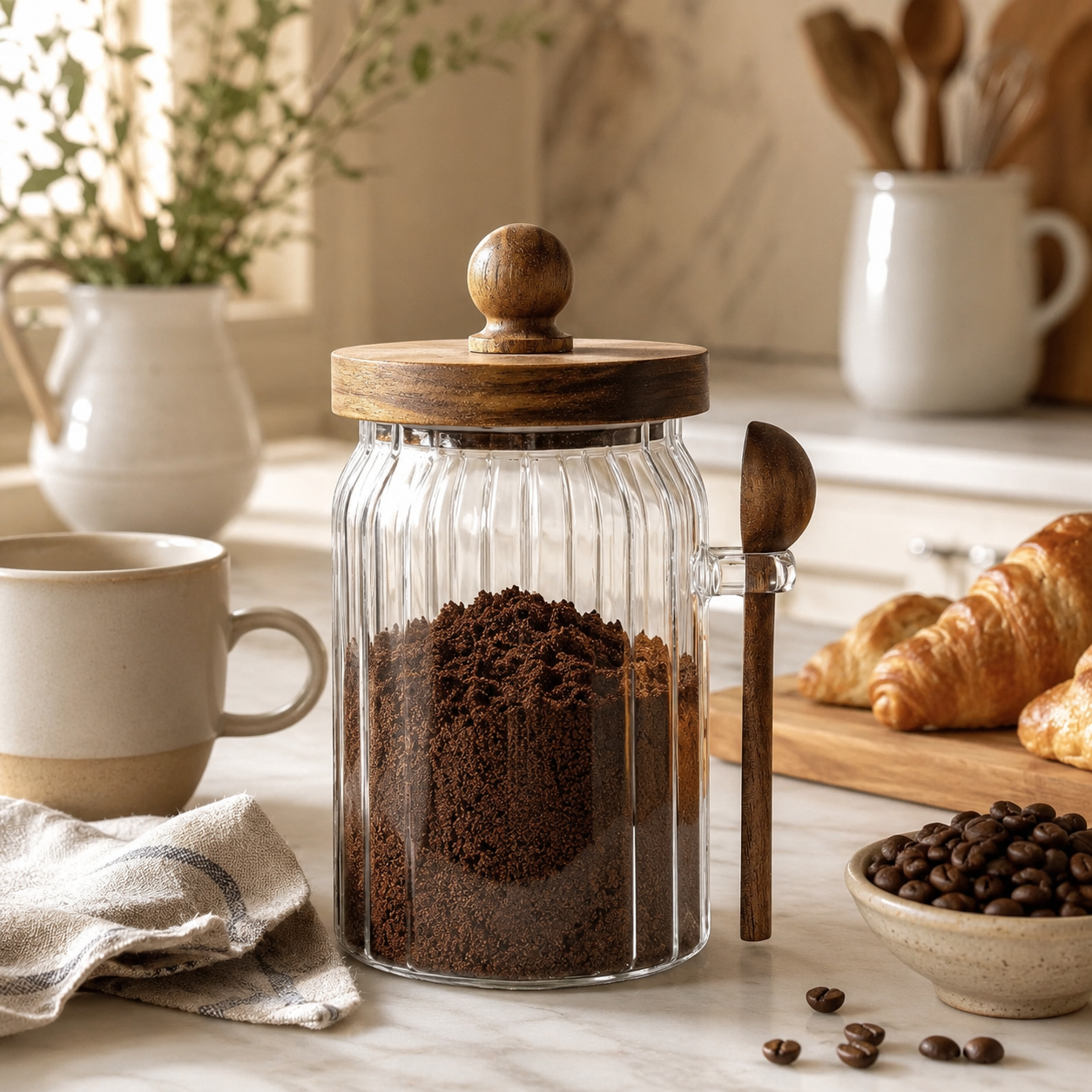 Ribbed glass coffee storage jar with wooden lid and matching scoop, styled on a warm neutral kitchen countertop with coffee beans and a ceramic mug.