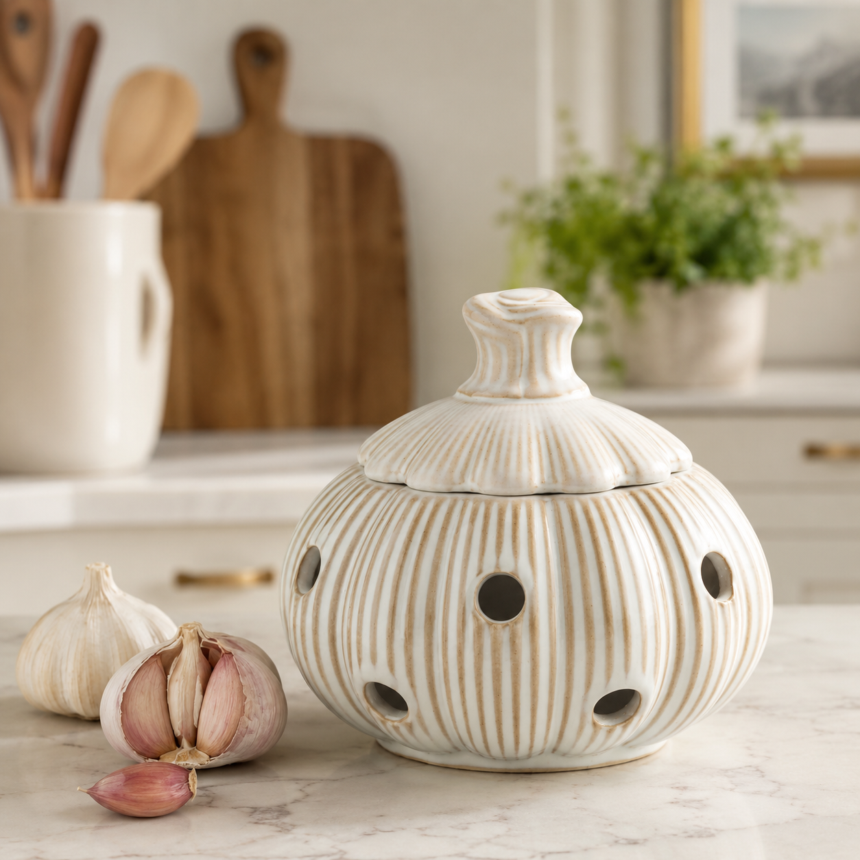 Cream ceramic garlic keeper with lid and ventilation holes styled on a light kitchen countertop beside fresh garlic.