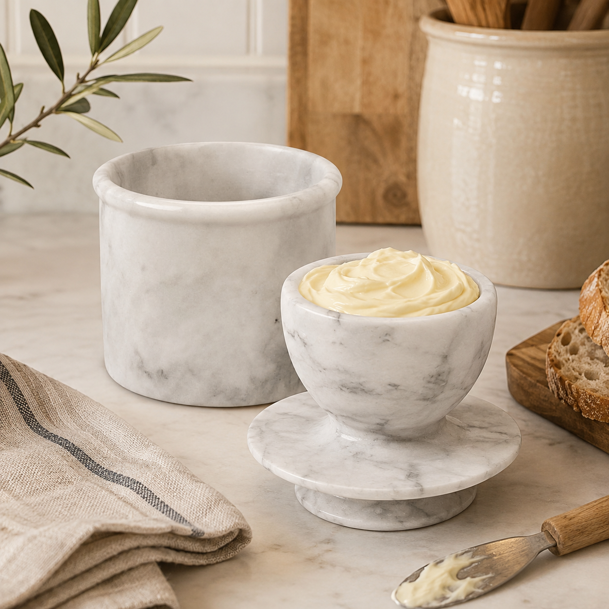 White marble butter keeper with a small bowl of butter, styled on a light kitchen countertop beside bread and a linen towel.