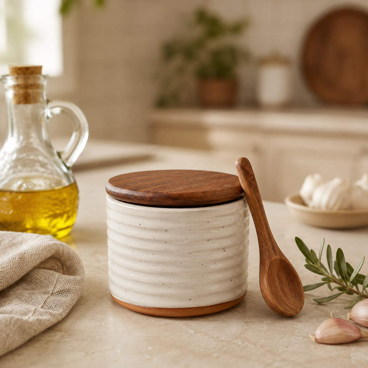 Cream ceramic salt cellar with a dark wood lid and wooden spoon styled on a warm neutral kitchen countertop.