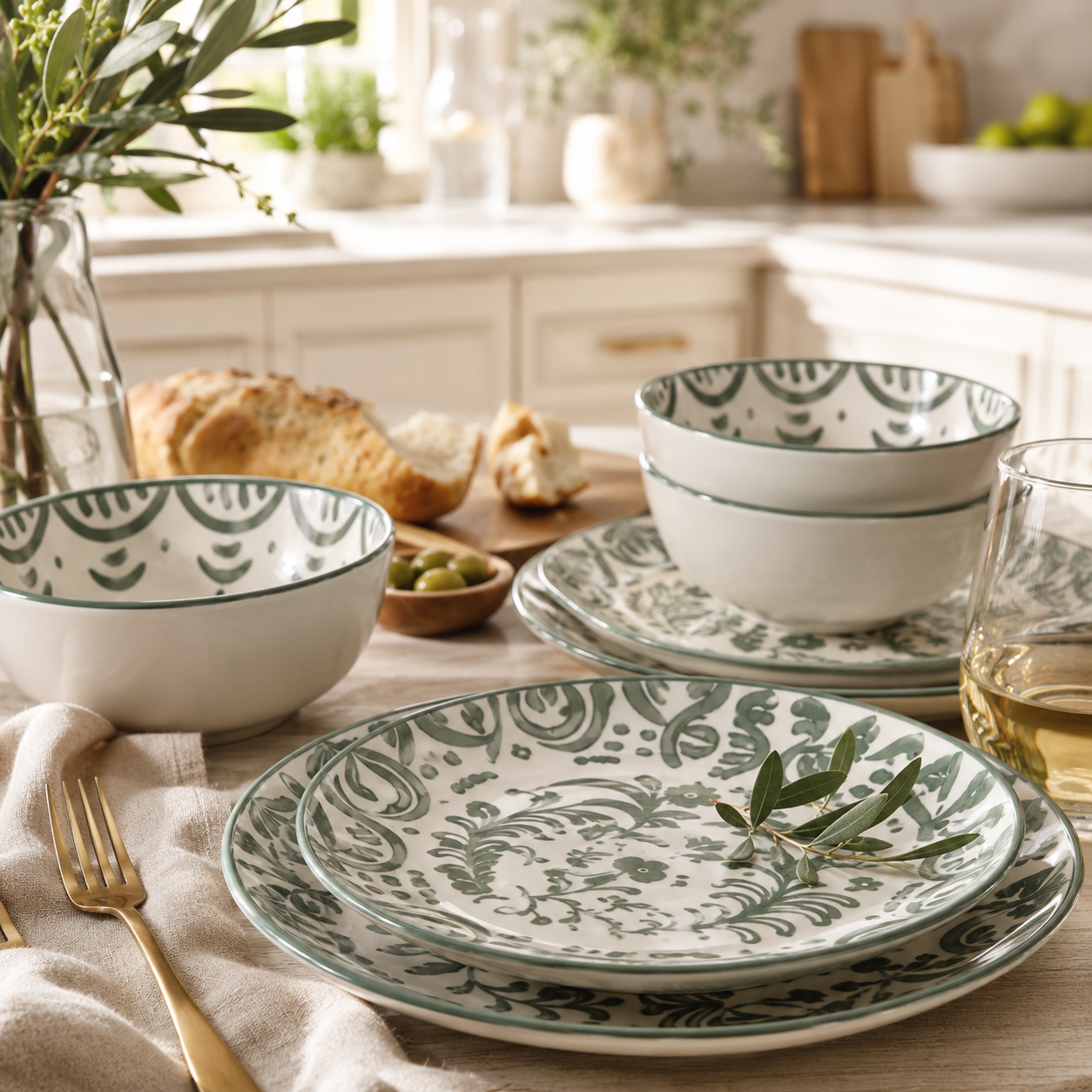 Green and cream patterned dinnerware set with plates and bowls styled on a warm kitchen table with olive branches and neutral linens.