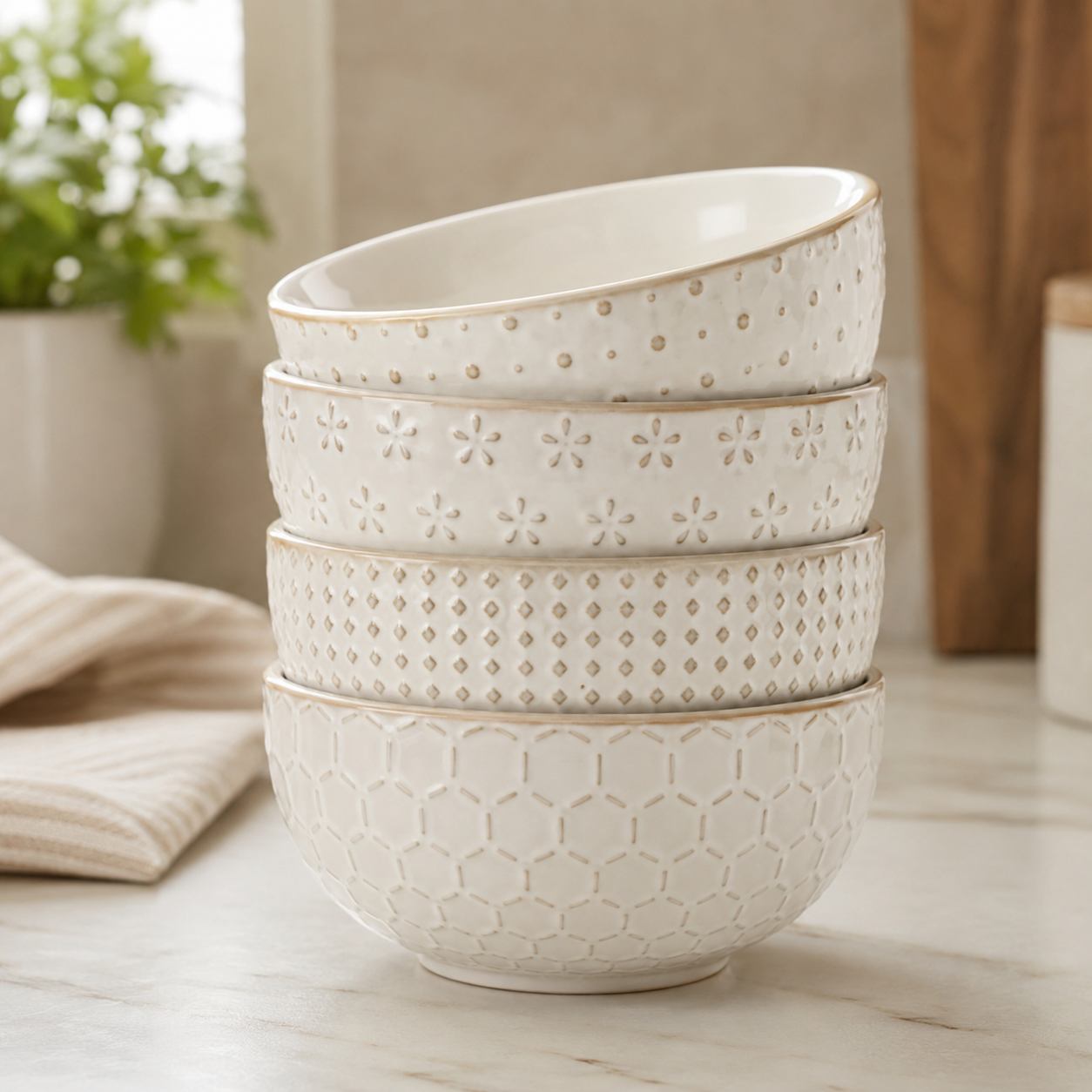 A stack of four off-white ceramic bowls with textured geometric patterns on a marble countertop.
