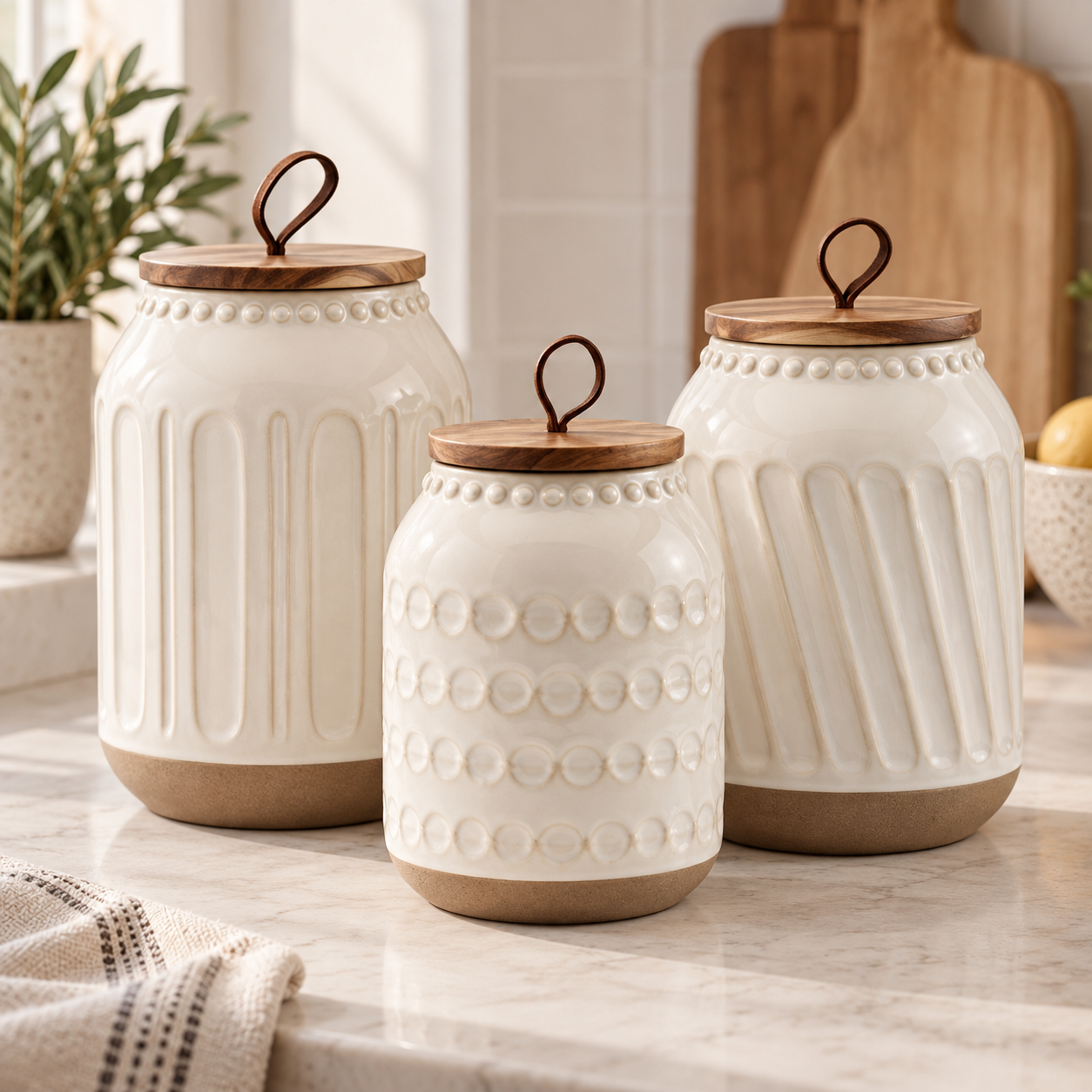 Three off-white patterned ceramic canisters with raw clay bases and round wood lids with leather loops on a kitchen counter.