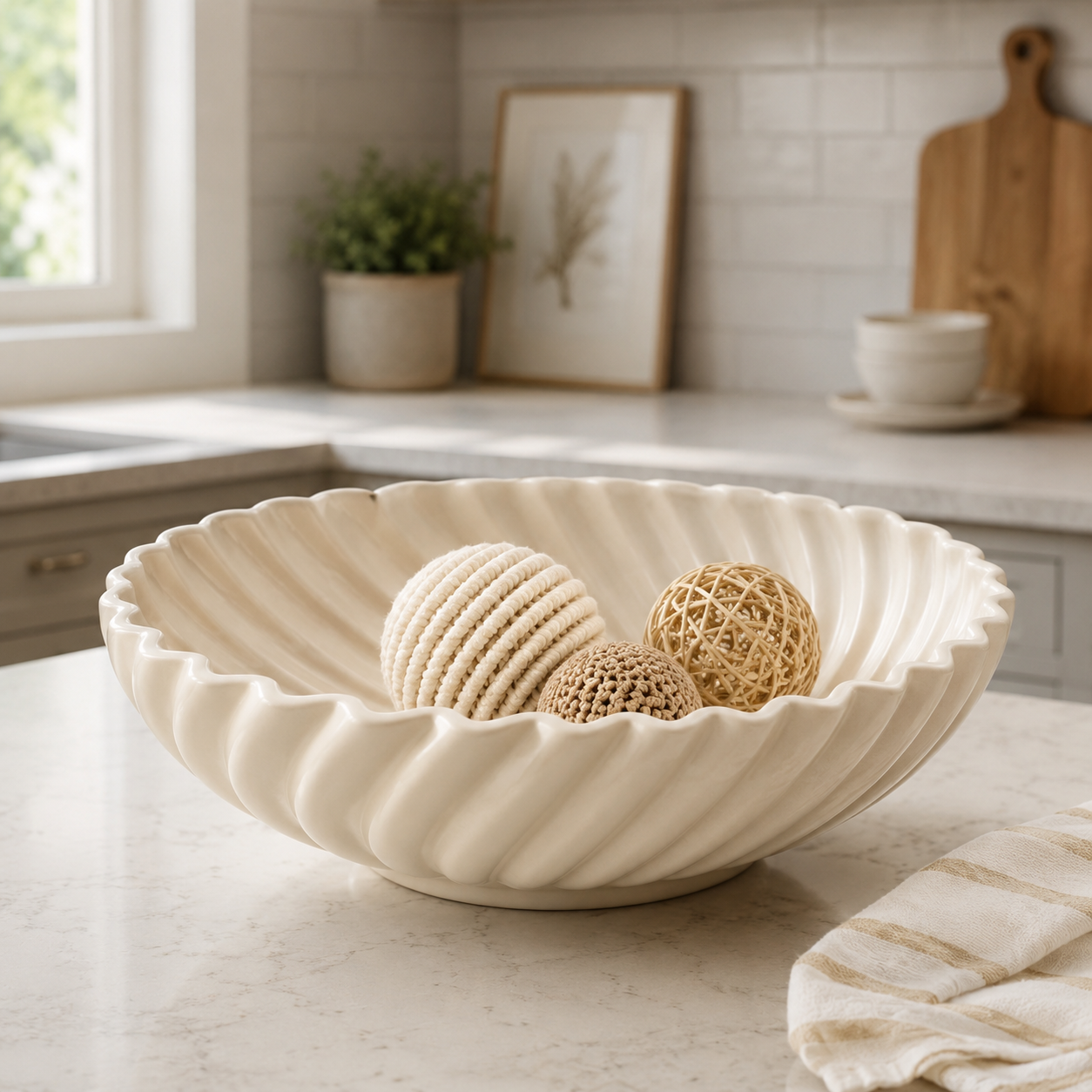 Off-white fluted ceramic bowl holding three textured decorative spheres on a stone countertop