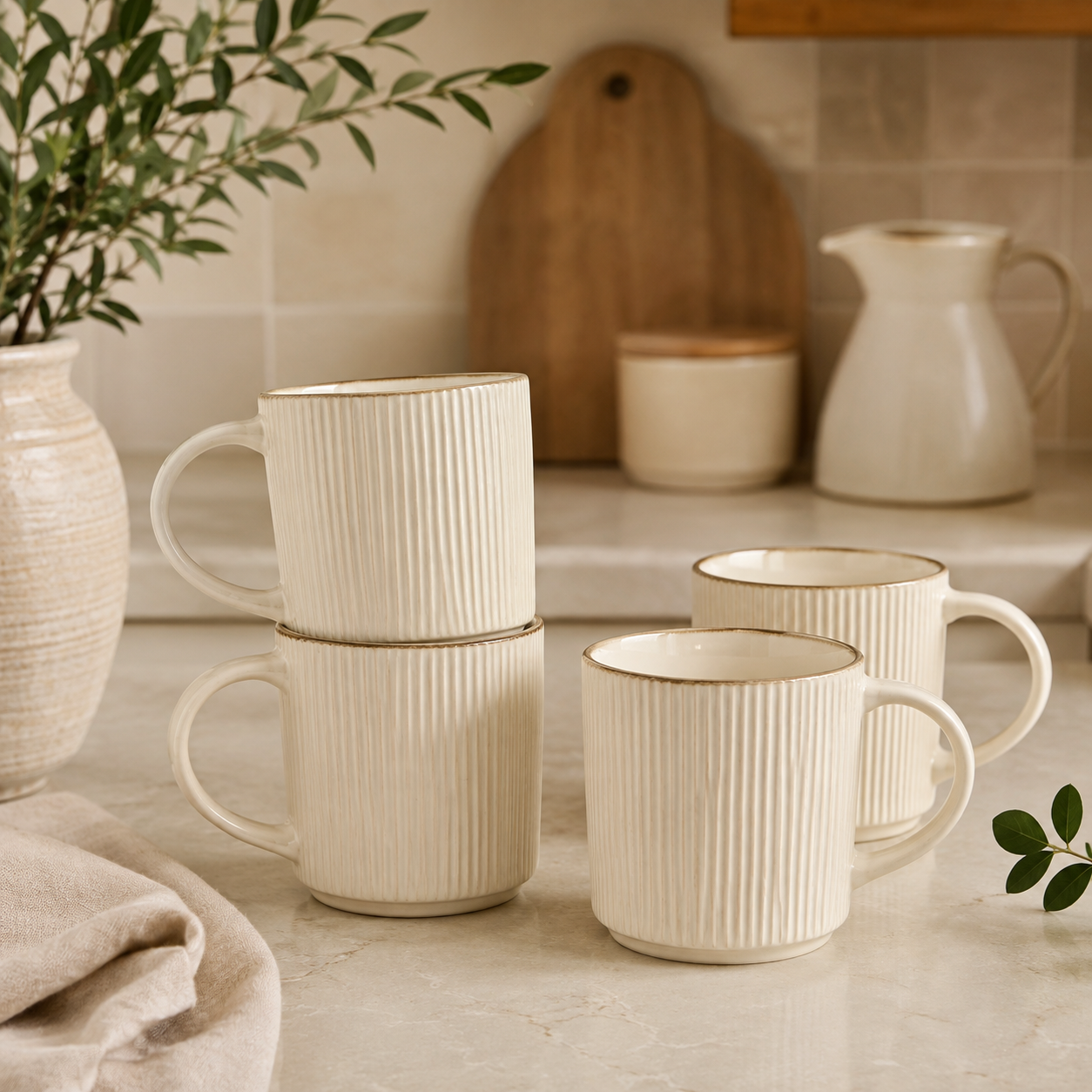 Four cream-coloured ribbed ceramic mugs sitting on a marble countertop, with two stacked together.