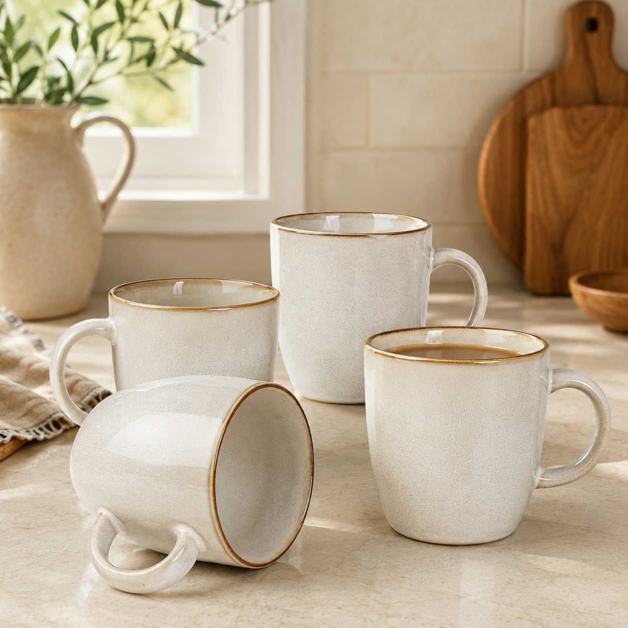 Four off-white speckled ceramic mugs with brown rims on a neutral countertop, with one filled with hot drink.