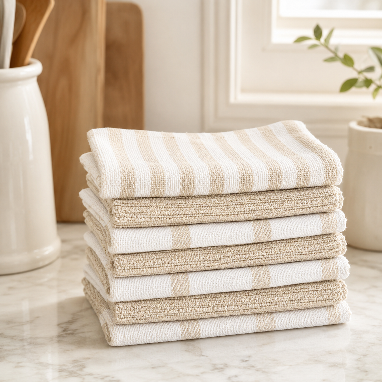 A neat stack of folded beige and off-white striped and solid woven dish towels on a marble countertop.