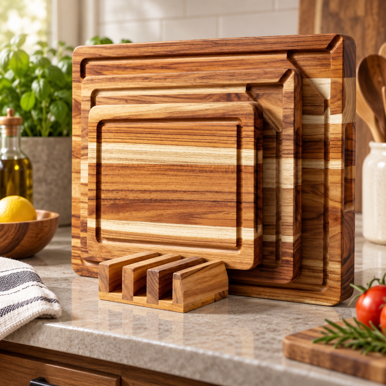 Three rectangular wooden cutting boards of different sizes standing upright in a slotted wood holder on a kitchen counter.