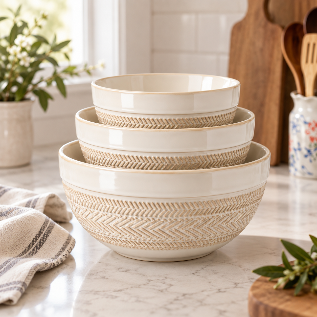 Three stacked cream ceramic bowls with textured chevron patterns on a marble countertop.