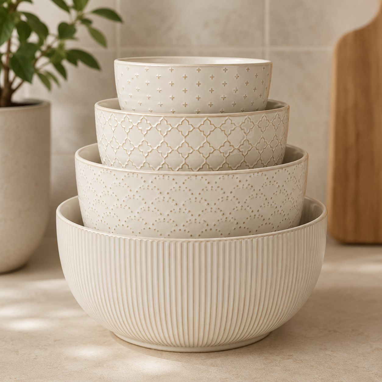 Four off-white ceramic bowls with different textured patterns stacked on a kitchen counter.