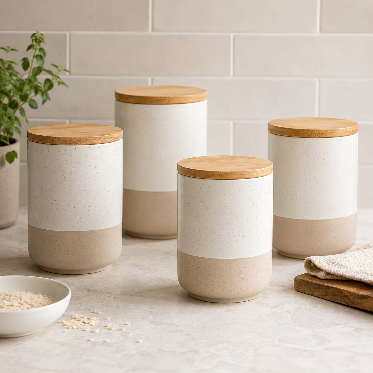 Four two-tone ceramic storage jars with flat wooden lids on a stone countertop