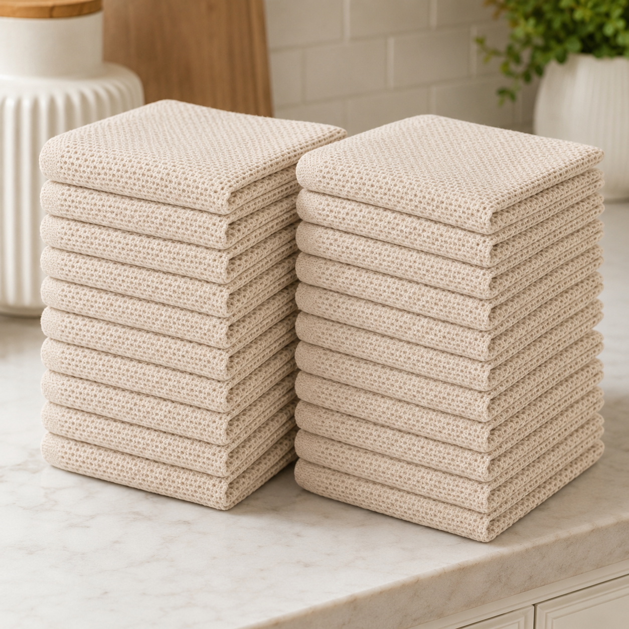 Two stacks of folded beige waffle-weave dishcloths sitting on a marble countertop.