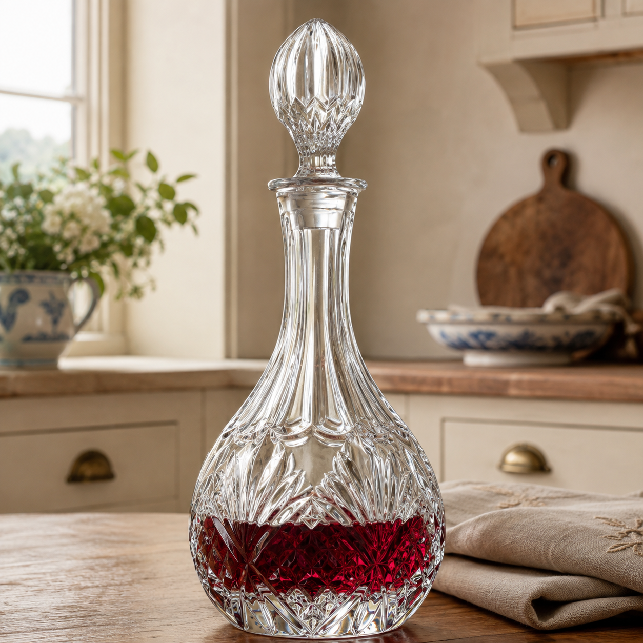 Cut crystal wine decanter with decorative stopper styled on a wooden counter in a traditional cream kitchen.