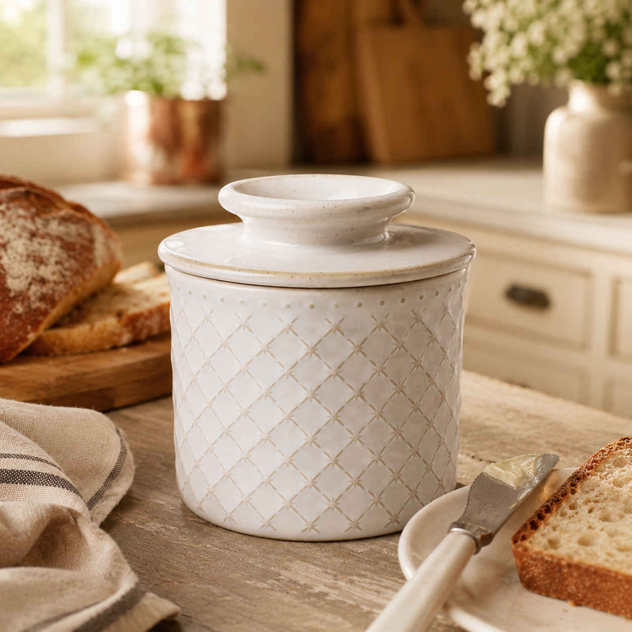 Cream ceramic French butter crock with lid and diamond relief texture styled on a warm kitchen counter beside fresh bread and linen.