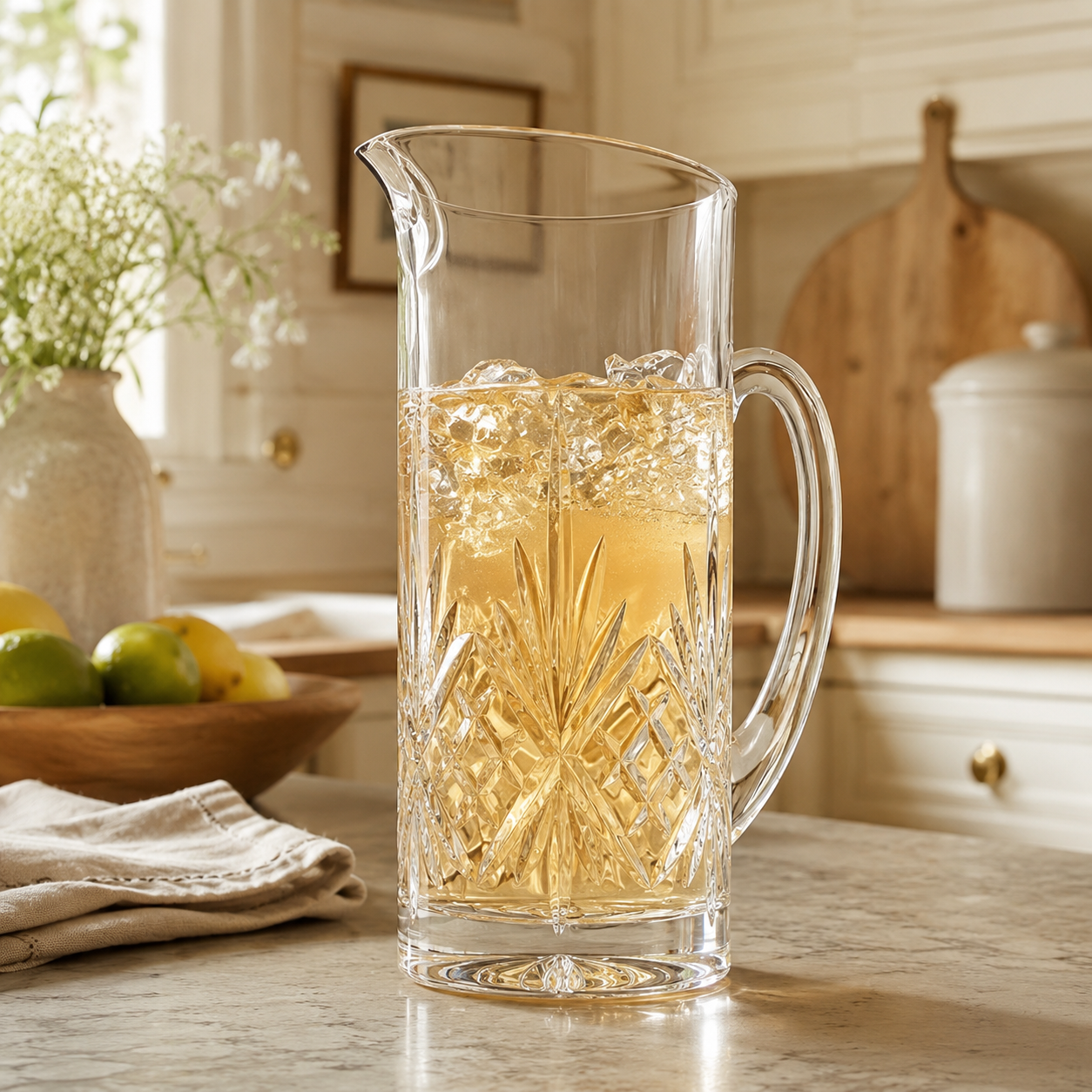Clear cut-glass beverage pitcher with handle styled in a warm cream kitchen.