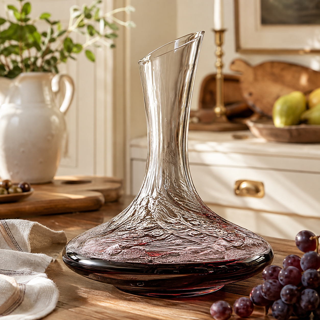 Clear glass wine decanter with a wide textured base styled on a warm wooden kitchen counter.
