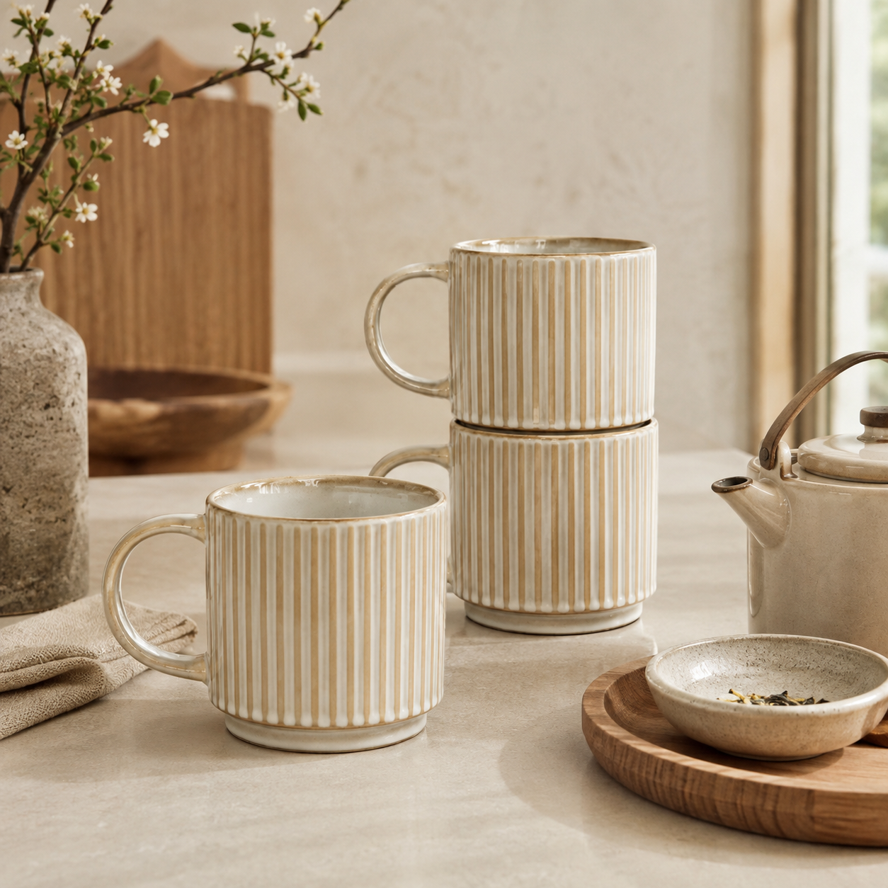 Stackable ribbed ceramic coffee mugs in a warm cream glaze styled in a neutral kitchen.