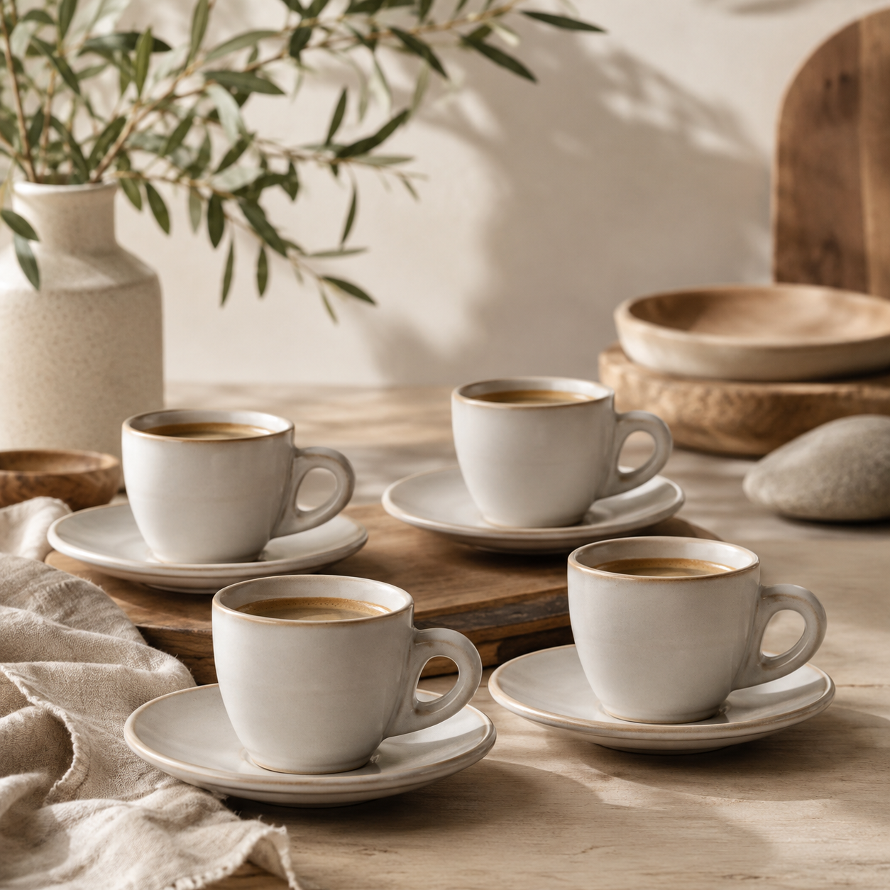 Neutral ceramic espresso cups with matching saucers styled in a warm Japandi kitchen setting.