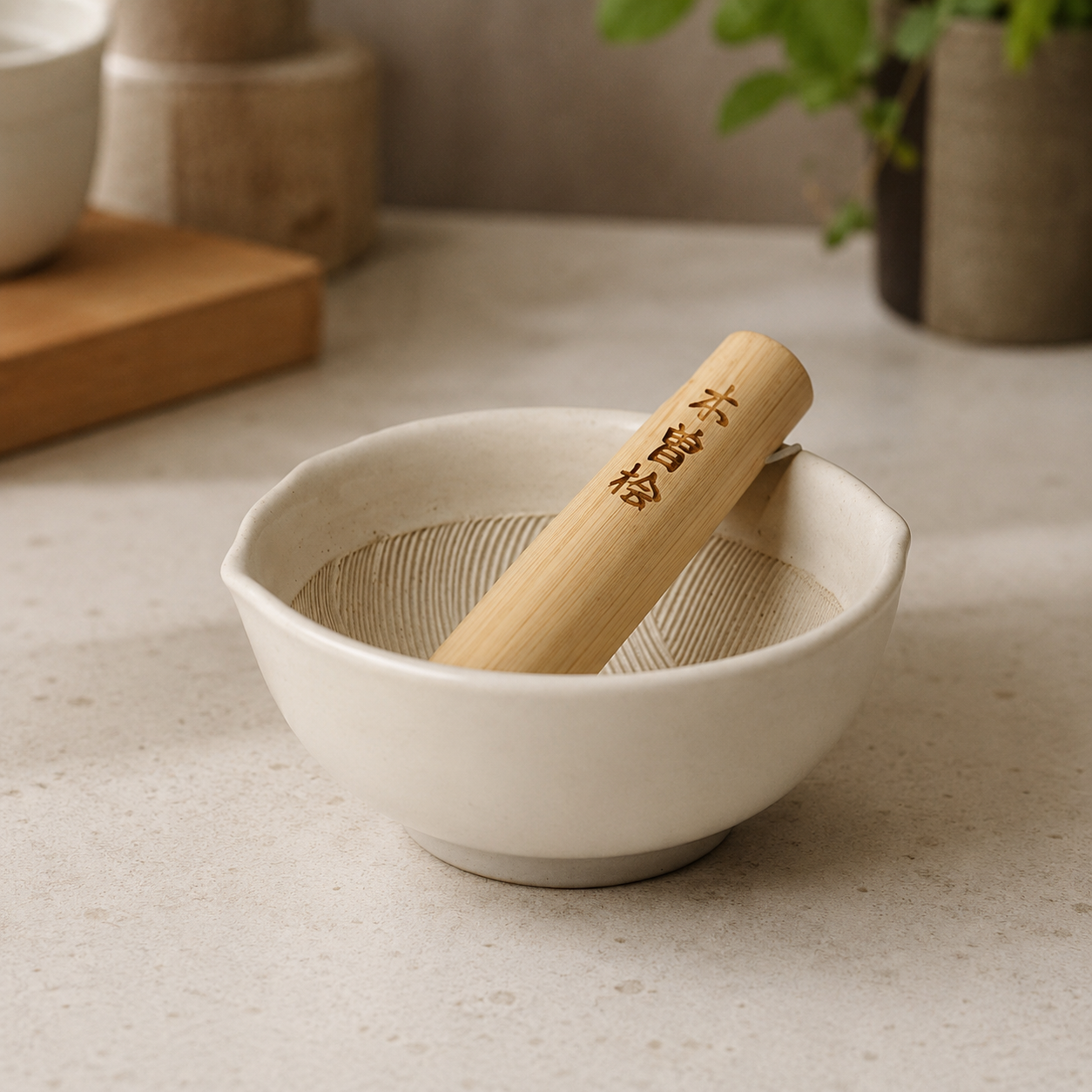 Off-white ceramic grinding bowl with a grooved interior and a light wood pestle resting inside on a stone surface.
