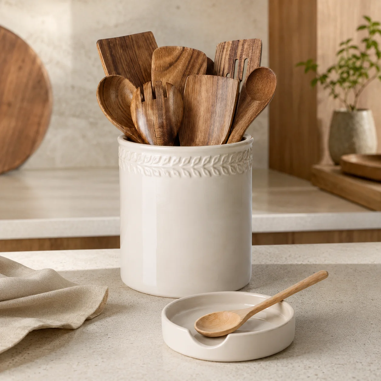 White ceramic utensil crock filled with wooden spoons and spatulas next to a matching spoon rest on a countertop