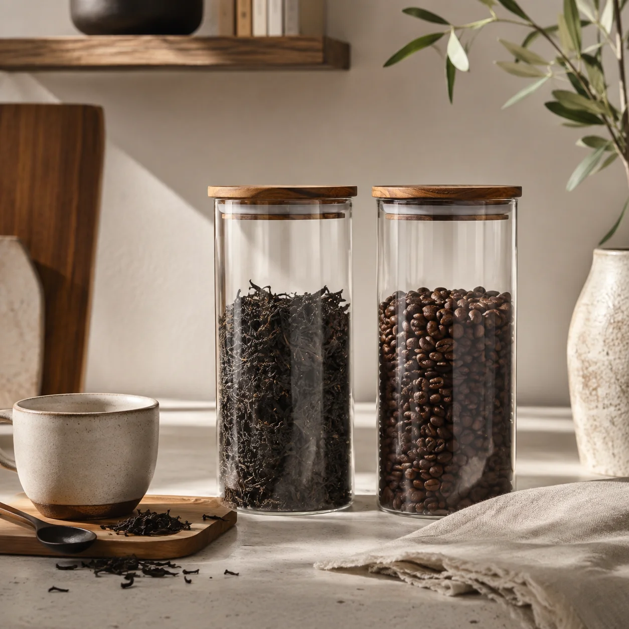 Two tall clear glass jars with wooden lids filled with loose tea leaves and roasted coffee beans on a stone countertop next to a ceramic teacup.