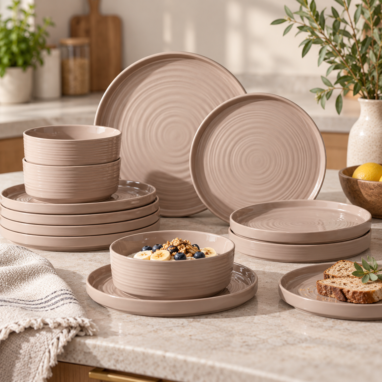 Taupe ceramic dinner plates, side plates, and bowls stacked and set on a countertop with breakfast food.