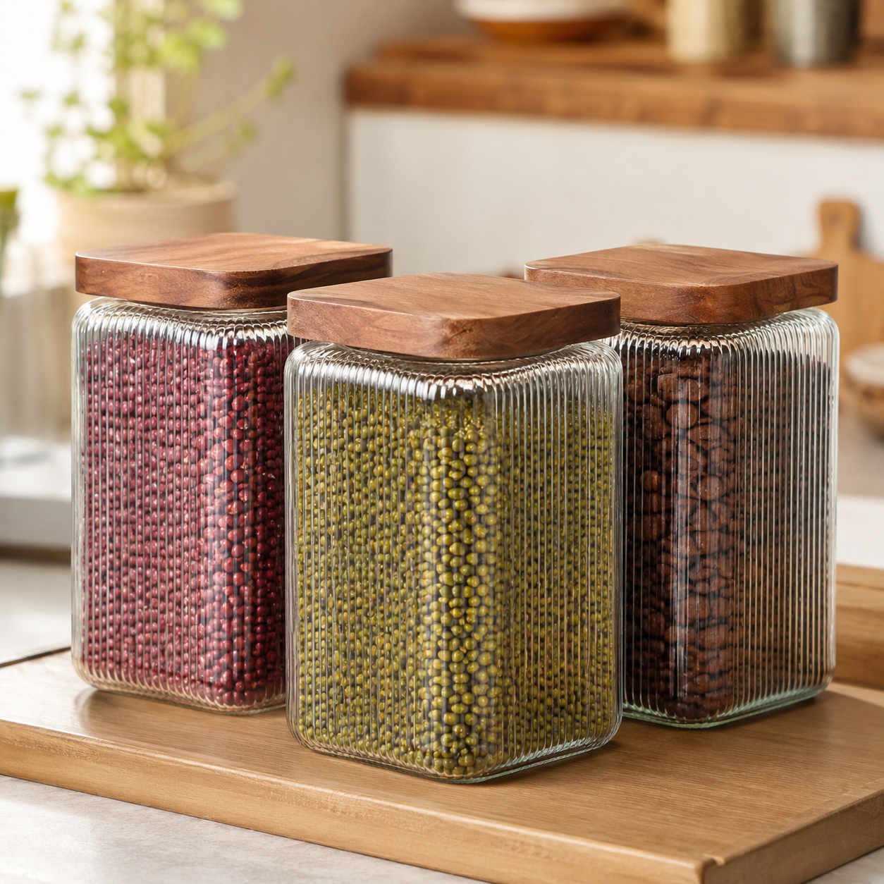 Three square ribbed glass storage jars with wooden lids filled with beans and coffee on a wooden board.