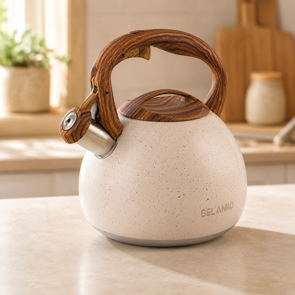 Cream speckled stovetop kettle with a wood-grain handle and spout cover on a kitchen counter