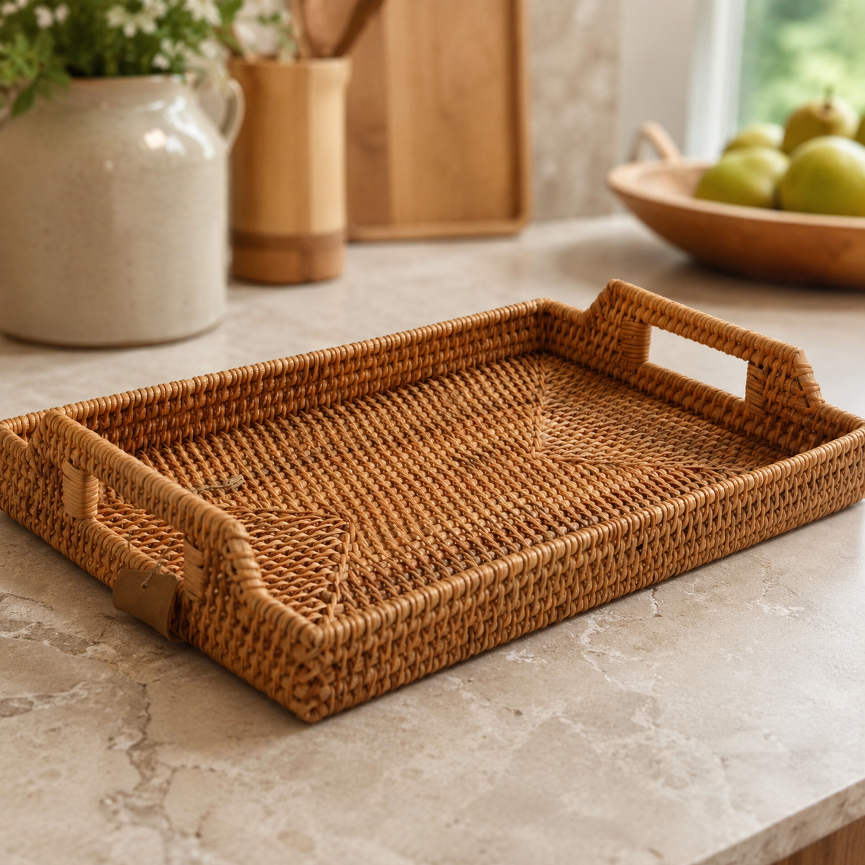 Rectangular woven rattan tray with built-in cut-out handles sitting on a light marble countertop.