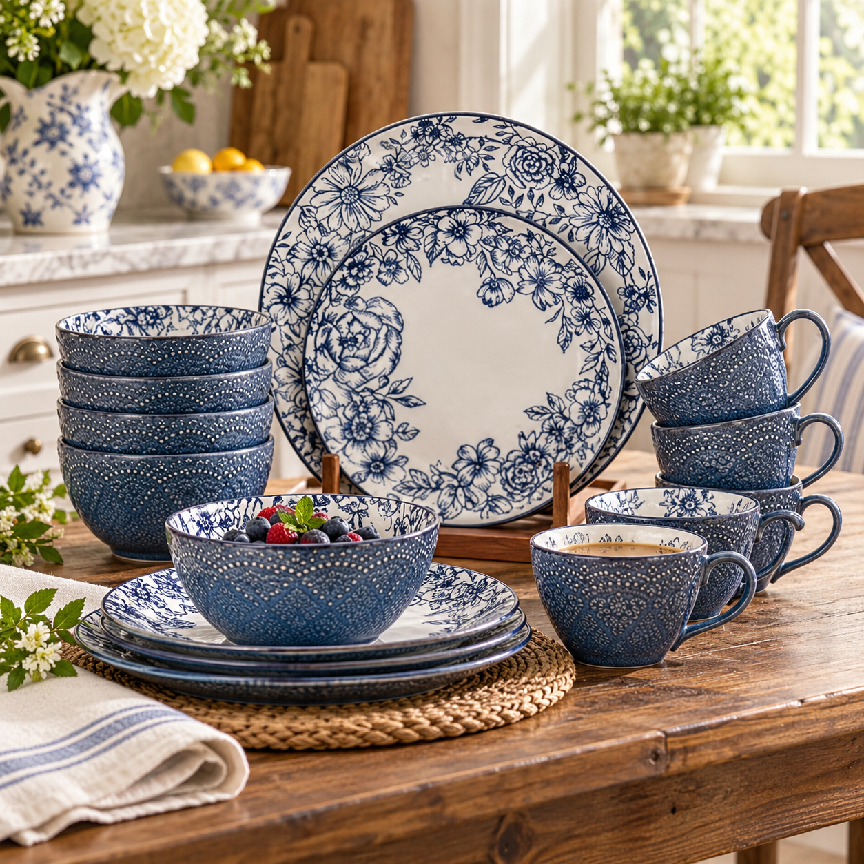 Blue and white floral and textured ceramic plates, bowls, and mugs arranged on a wooden dining table.