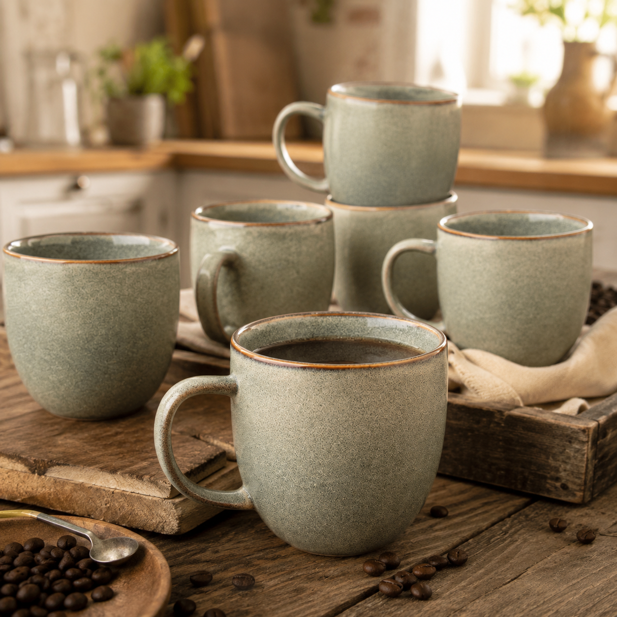 Sage green stoneware coffee mugs styled on a rustic wooden kitchen table with coffee beans and warm natural light.