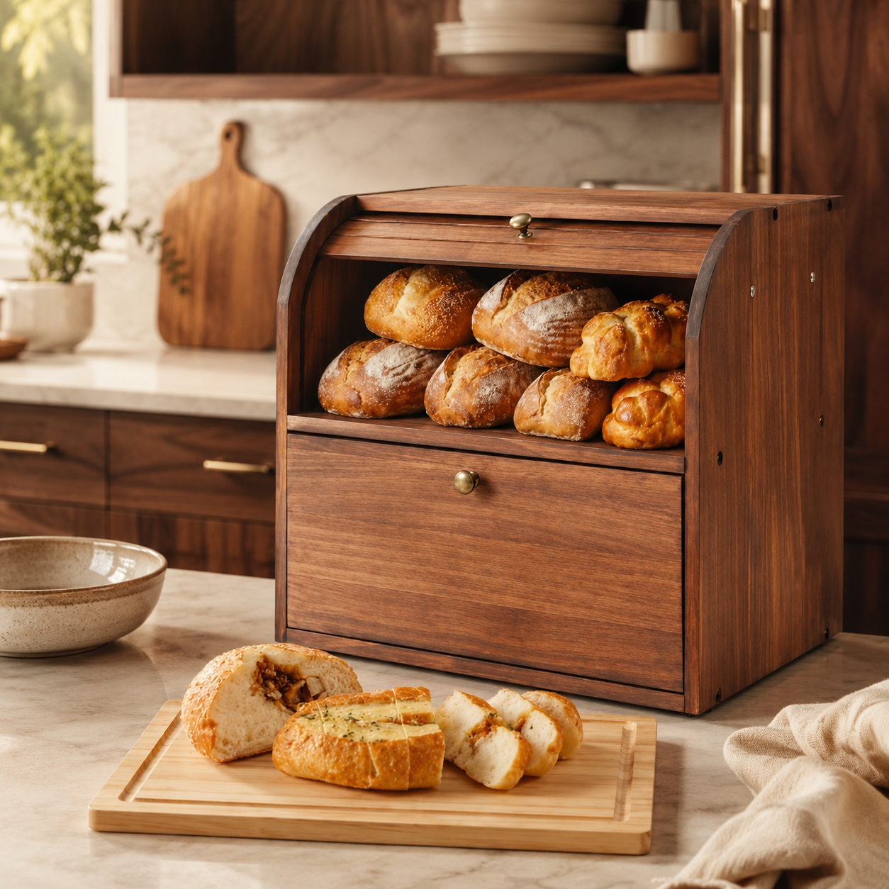 Walnut wood bread box with roll-top storage and brass knobs styled on a warm kitchen countertop with fresh bread.
