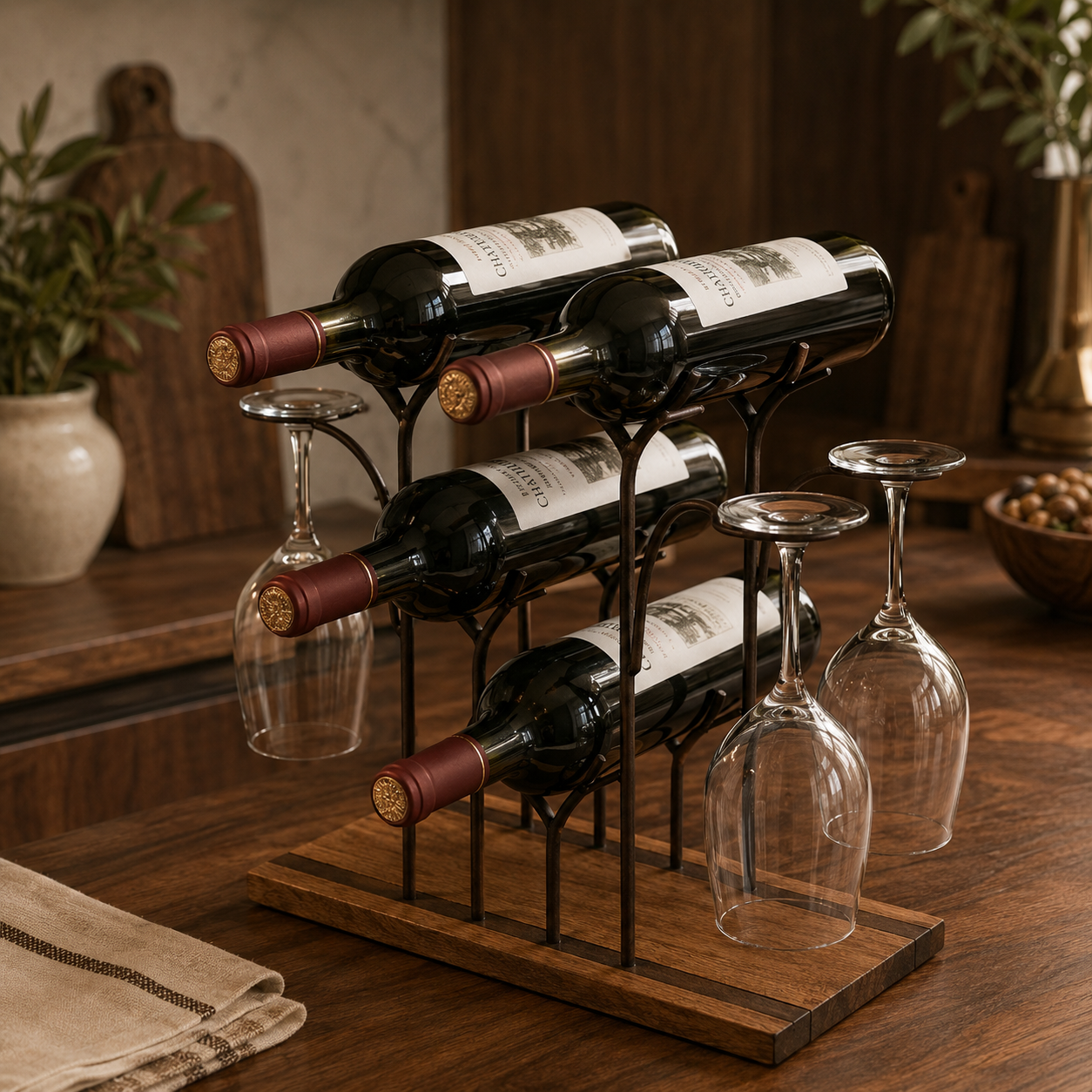 Wood and metal countertop wine rack holding four wine bottles with hanging stemmed glasses in a warm walnut kitchen.