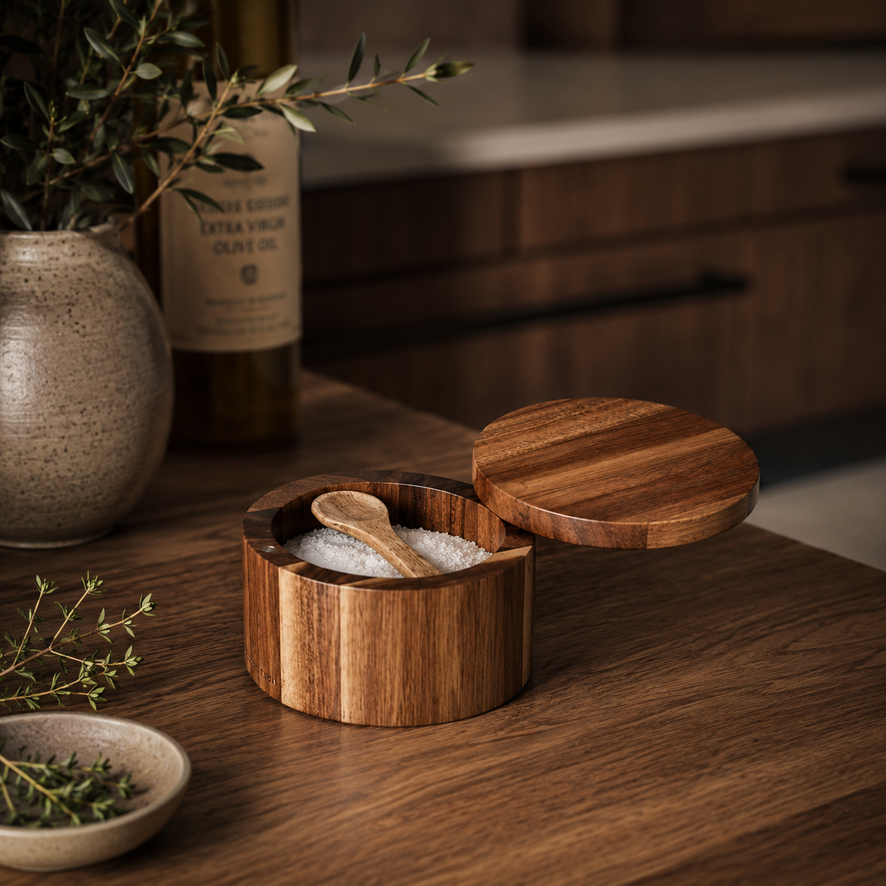 Wooden salt cellar with lid and small spoon filled with coarse salt on a warm walnut kitchen countertop.