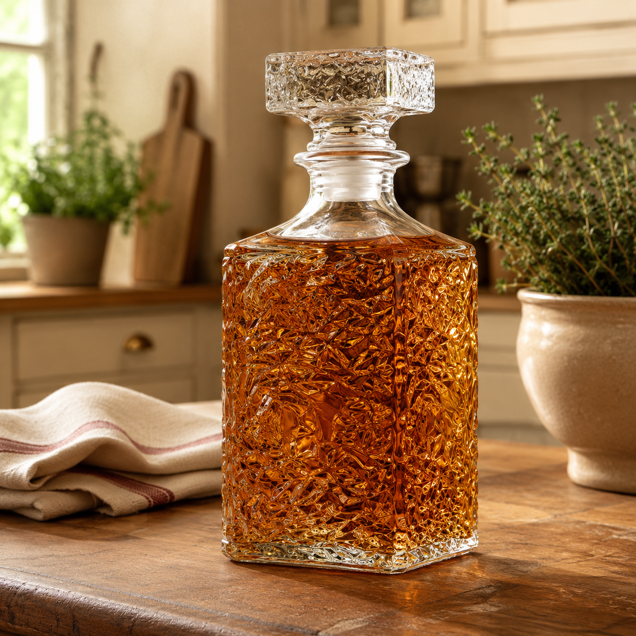 Square textured glass whiskey decanter with clear stopper styled on a warm wooden kitchen counter.