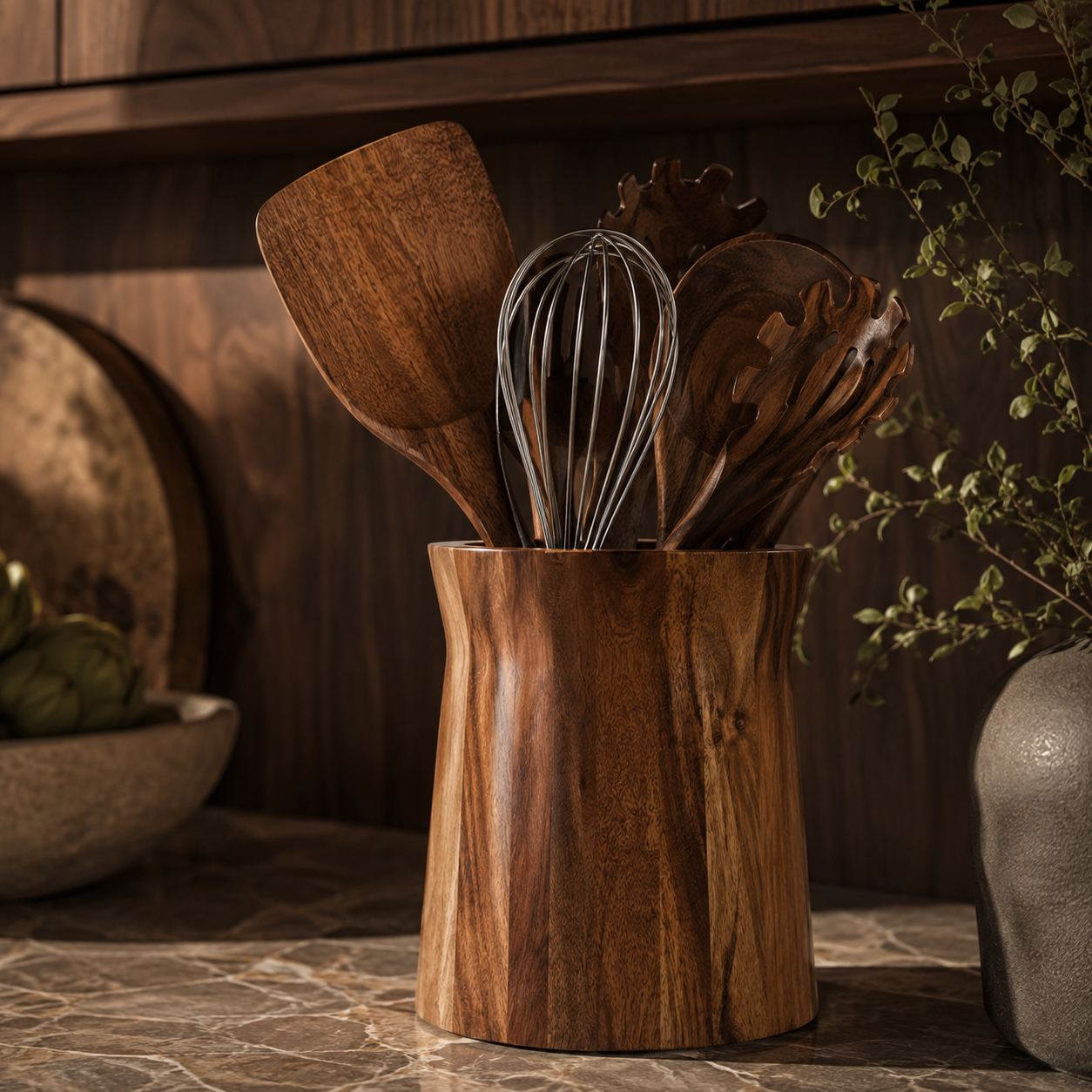Walnut wood utensil holder filled with wooden cooking utensils and a metal whisk on a dark marble kitchen countertop.
