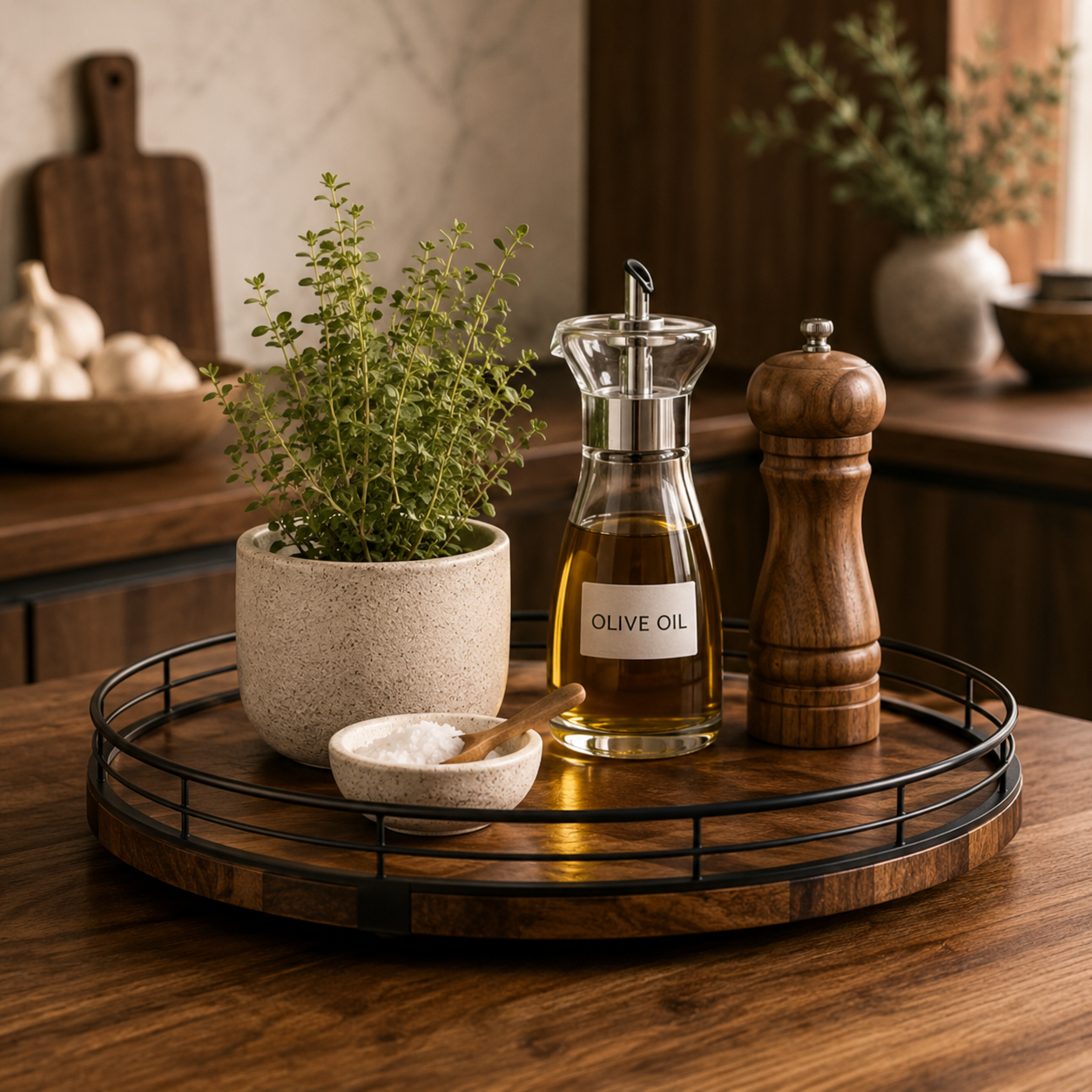 Round wood kitchen tray with black metal rim styled with olive oil, wooden pepper mill, herbs and a small salt bowl.