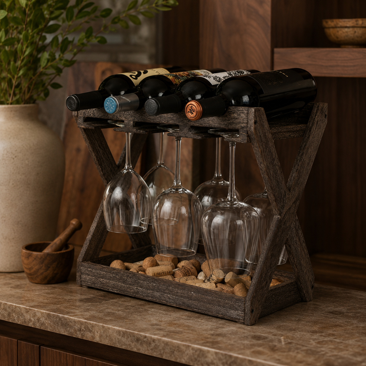 Dark wood countertop wine rack holding four wine bottles with hanging wine glasses underneath in a warm wood kitchen.