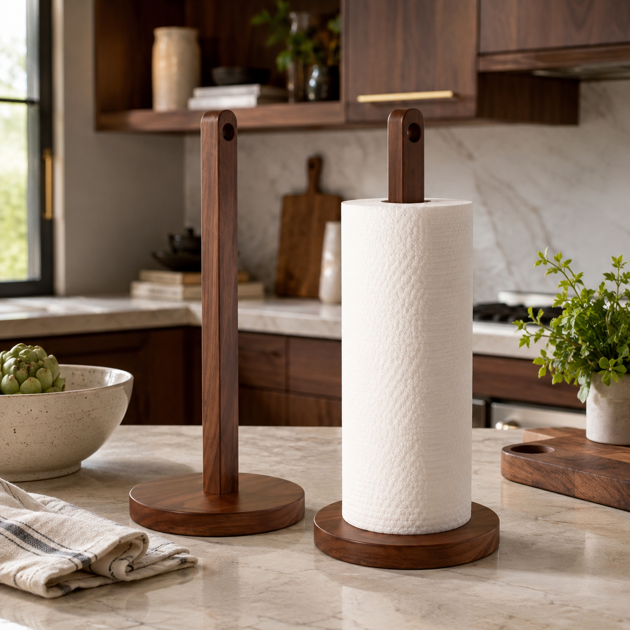 Walnut wood paper towel holder with a white paper towel roll styled on a warm kitchen countertop.