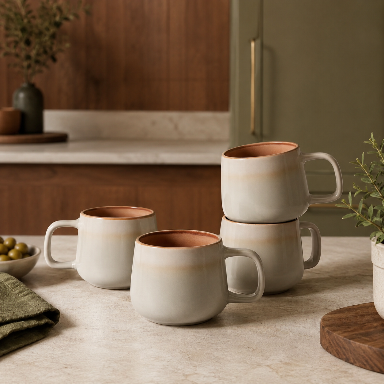 Four off-white ceramic mugs with terracotta-toned rims on a countertop, with two stacked together.