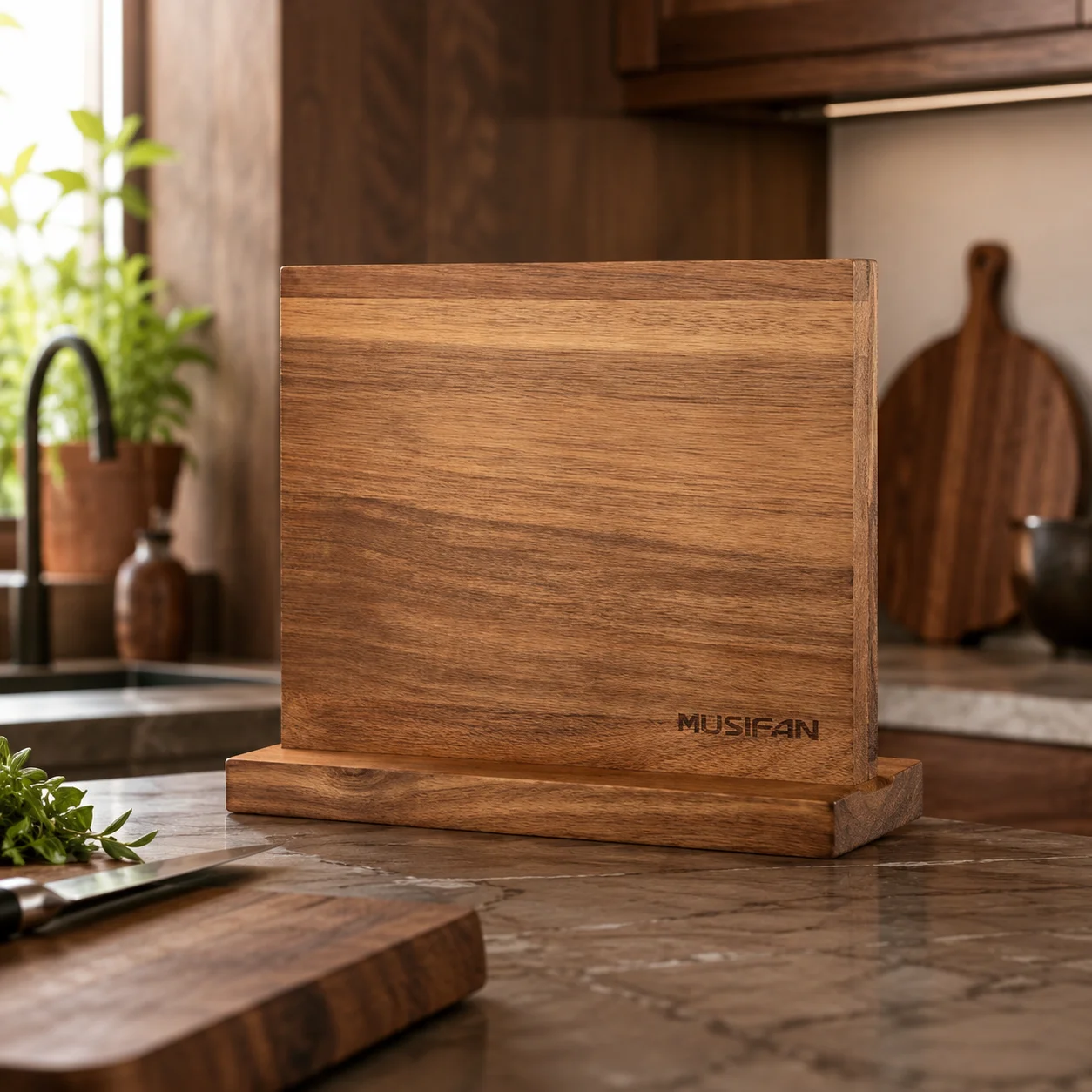 A rectangular wooden magnetic knife block standing on a brown marble countertop in a kitchen.