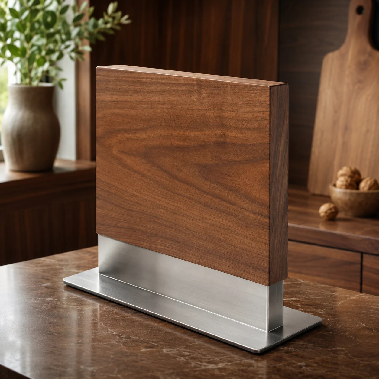 Rectangular walnut wood magnetic knife block on a brushed metal base standing on a brown marble countertop.