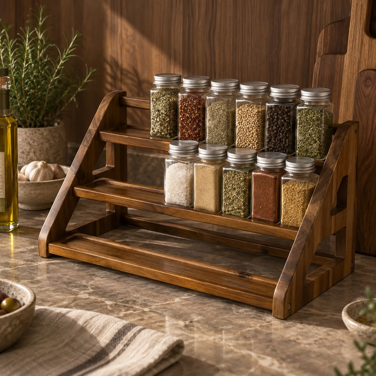 A three-tier dark wood spice rack holding glass spice jars with silver lids on a marble kitchen counter.